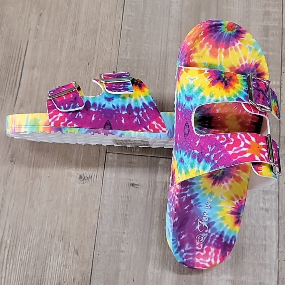 FOREVER tie dye two strap buckle slides size 7.5, 8 NIB